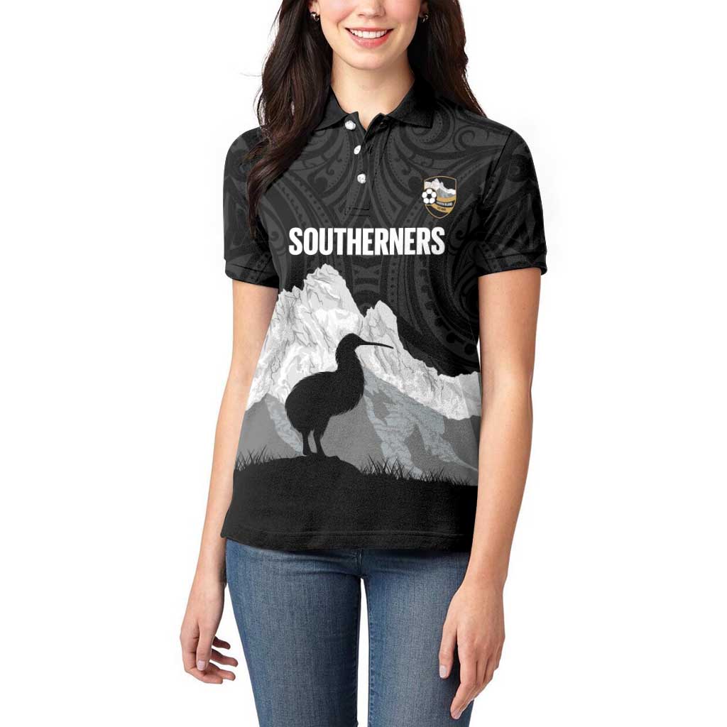 New Zealand South Island Football Custom Women Polo Shirt Aoraki Mount Cook With Kiwi Maori Pattern LT14 - Polynesian Pride