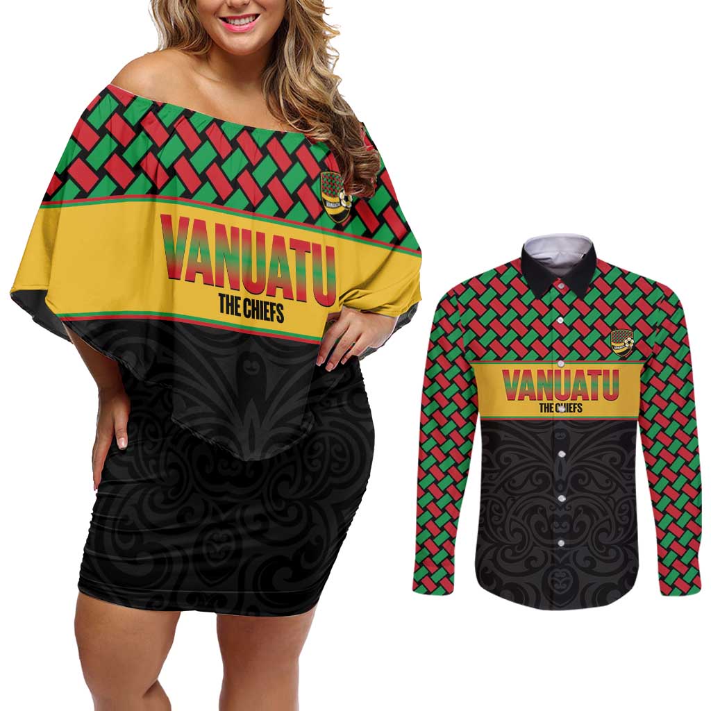 Vanuatu Football Custom Couples Matching Off Shoulder Short Dress and Long Sleeve Button Shirt Go Chiefs Basket-weave Pattern