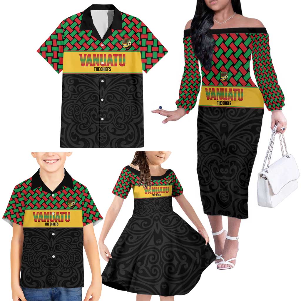 Vanuatu Football Custom Family Matching Off The Shoulder Long Sleeve Dress and Hawaiian Shirt Go Chiefs Basket-weave Pattern