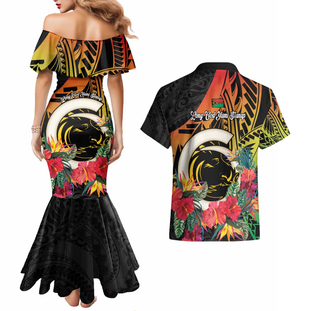 Vanuatu Boar Tusk Yumi Yumi Yumi Couples Matching Mermaid Dress and Hawaiian Shirt Independens Dei Long God Yumi Stanap LT14 - Polynesian Pride