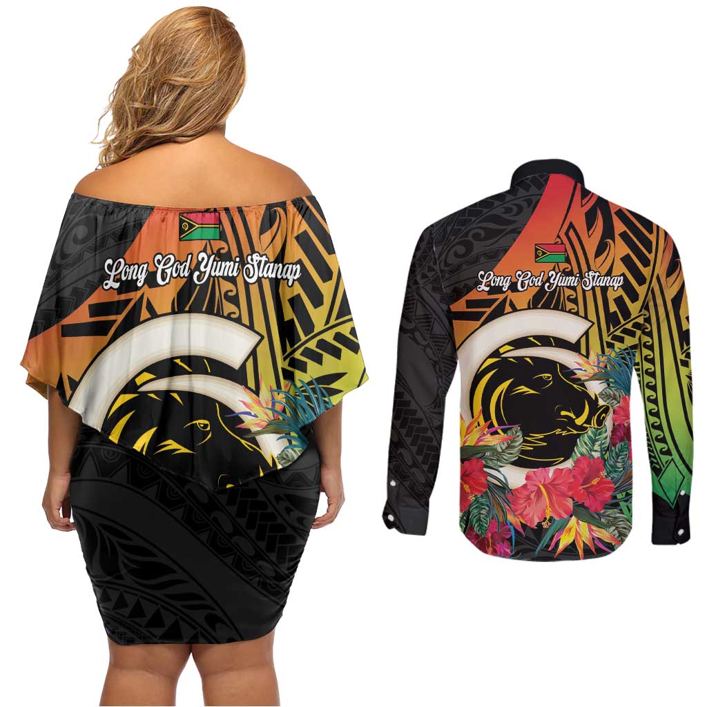 Vanuatu Boar Tusk Yumi Yumi Yumi Couples Matching Off Shoulder Short Dress and Long Sleeve Button Shirt Independens Dei Long God Yumi Stanap