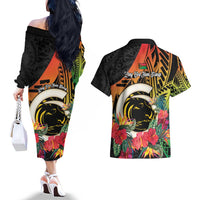 Vanuatu Boar Tusk Yumi Yumi Yumi Couples Matching Off The Shoulder Long Sleeve Dress and Hawaiian Shirt Independens Dei Long God Yumi Stanap LT14 - Polynesian Pride