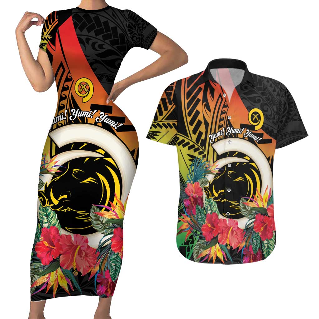 Vanuatu Boar Tusk Yumi Yumi Yumi Couples Matching Short Sleeve Bodycon Dress and Hawaiian Shirt Independens Dei Long God Yumi Stanap LT14 Black - Polynesian Pride