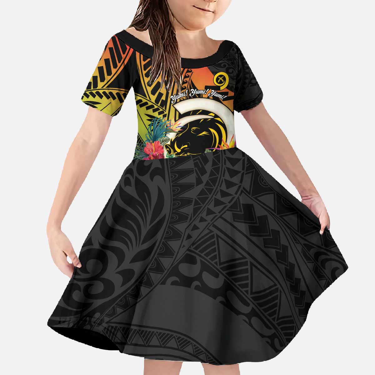 Vanuatu Boar Tusk Yumi Yumi Yumi Family Matching Off The Shoulder Long Sleeve Dress and Hawaiian Shirt Independens Dei Long God Yumi Stanap LT14 Daughter's Dress Black - Polynesian Pride