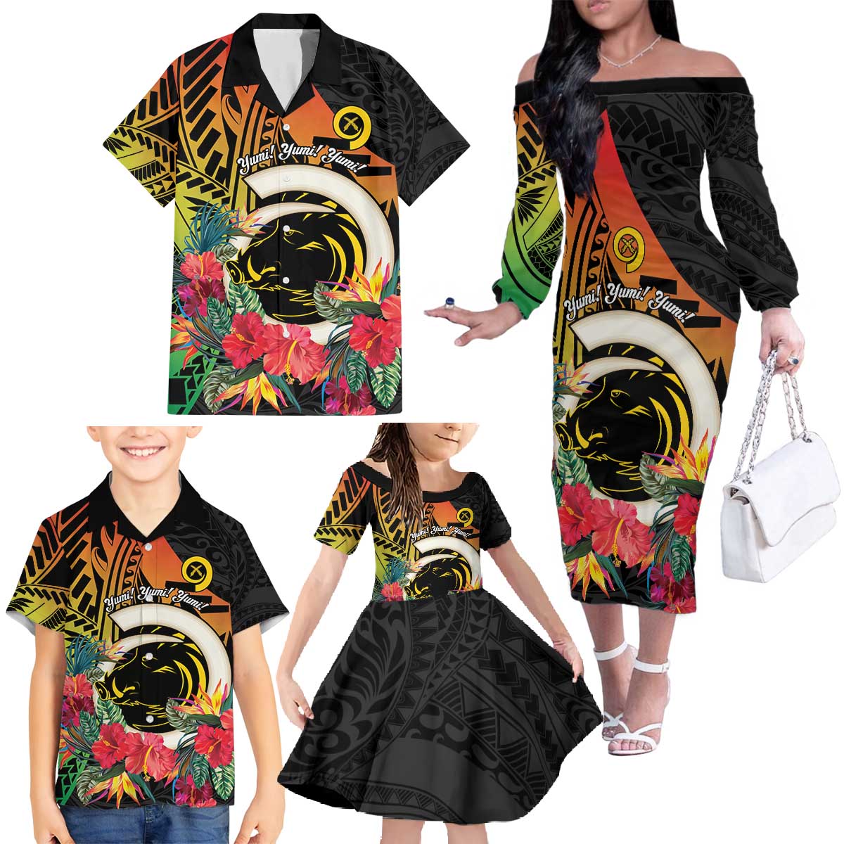 Vanuatu Boar Tusk Yumi Yumi Yumi Family Matching Off The Shoulder Long Sleeve Dress and Hawaiian Shirt Independens Dei Long God Yumi Stanap
