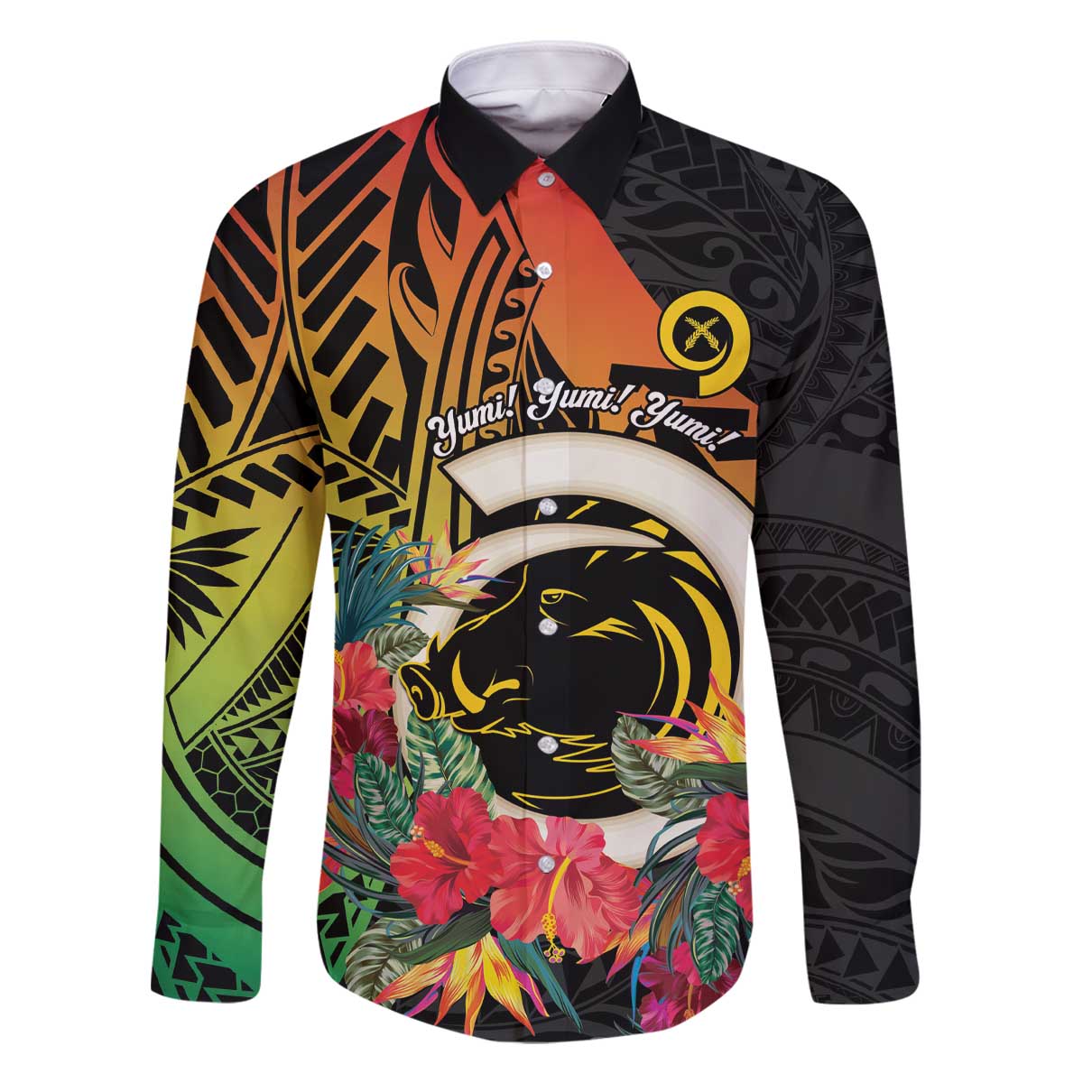 Vanuatu Boar Tusk Yumi Yumi Yumi Family Matching Off The Shoulder Long Sleeve Dress and Hawaiian Shirt Independens Dei Long God Yumi Stanap LT14 Dad's Shirt - Long Sleeve Black - Polynesian Pride