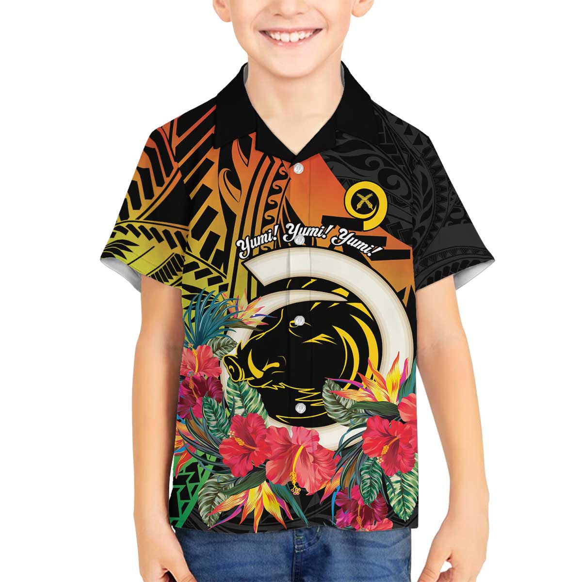 Vanuatu Boar Tusk Yumi Yumi Yumi Family Matching Off The Shoulder Long Sleeve Dress and Hawaiian Shirt Independens Dei Long God Yumi Stanap LT14 Son's Shirt Black - Polynesian Pride