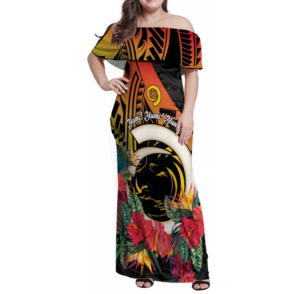 Vanuatu Boar Tusk Yumi Yumi Yumi Family Matching Off Shoulder Maxi Dress and Hawaiian Shirt Independens Dei Long God Yumi Stanap