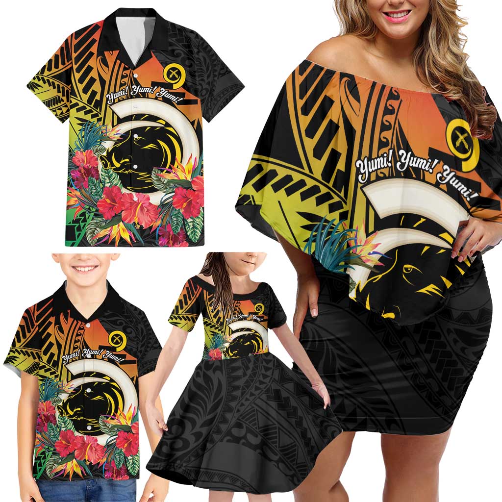 Vanuatu Boar Tusk Yumi Yumi Yumi Family Matching Off Shoulder Short Dress and Hawaiian Shirt Independens Dei Long God Yumi Stanap