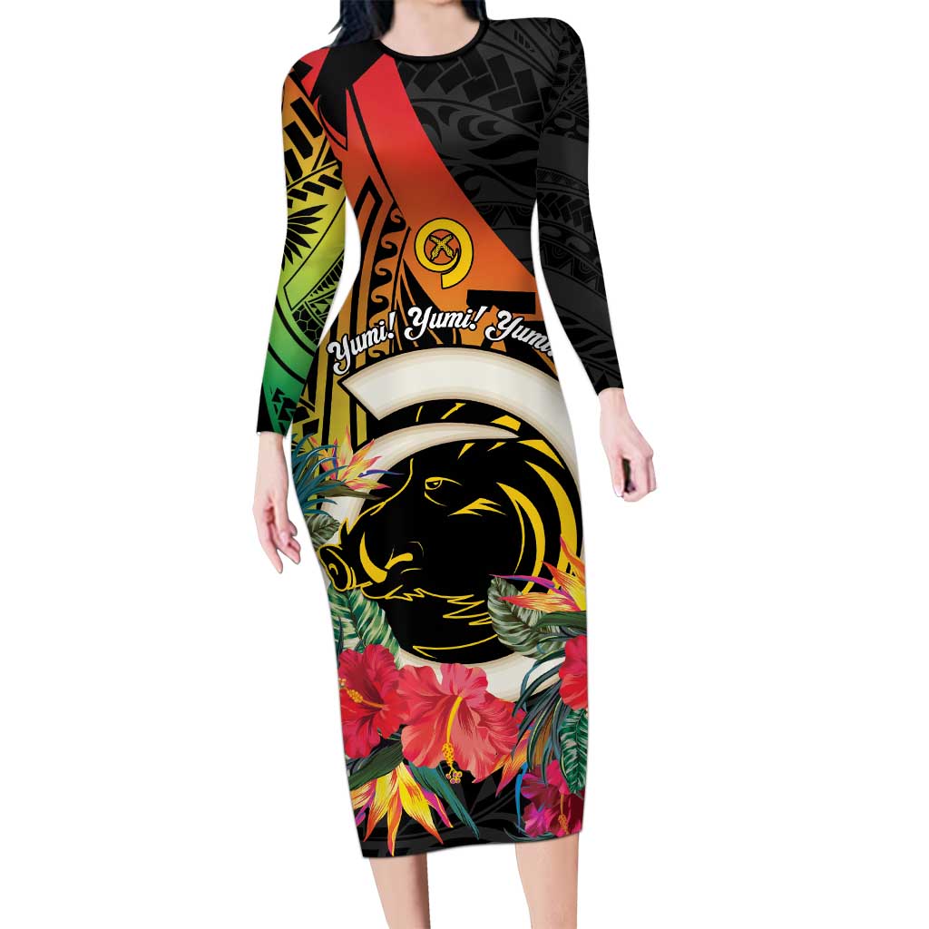 Vanuatu Boar Tusk Yumi Yumi Yumi Long Sleeve Bodycon Dress Independens Dei Long God Yumi Stanap LT14 Long Dress Black - Polynesian Pride