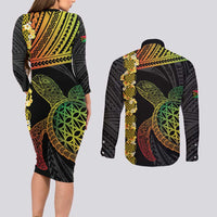 Vanuatu Sand Drawing Turtle Couples Matching Long Sleeve Bodycon Dress and Long Sleeve Button Shirt Happy Independence Day