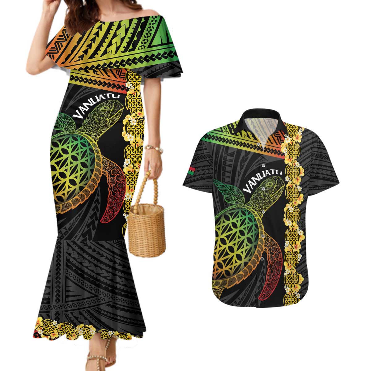 Vanuatu Sand Drawing Turtle Couples Matching Mermaid Dress and Hawaiian Shirt Happy Independence Day