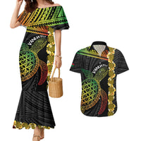 Vanuatu Sand Drawing Turtle Couples Matching Mermaid Dress and Hawaiian Shirt Happy Independence Day