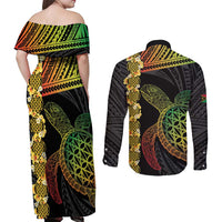 Vanuatu Sand Drawing Turtle Couples Matching Off Shoulder Maxi Dress and Long Sleeve Button Shirt Happy Independence Day