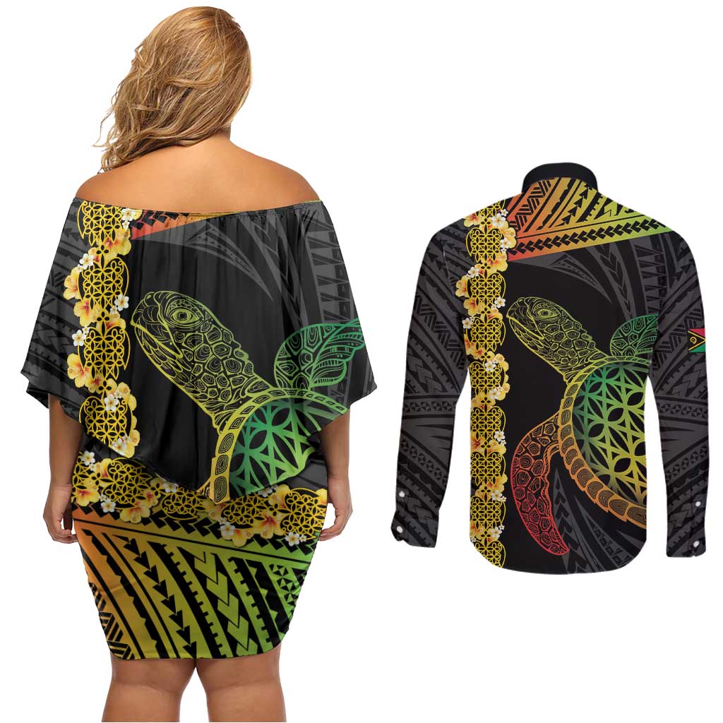 Vanuatu Sand Drawing Turtle Couples Matching Off Shoulder Short Dress and Long Sleeve Button Shirt Happy Independence Day