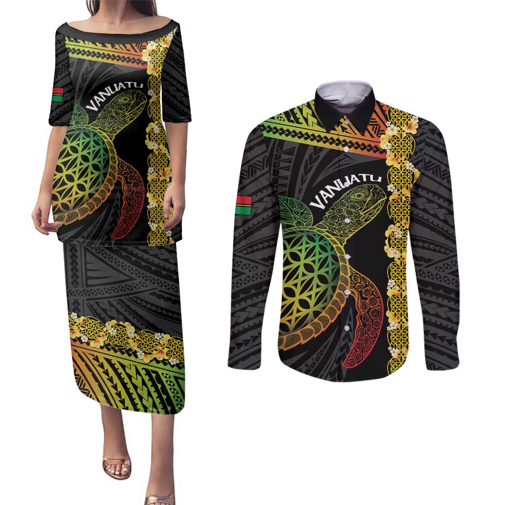 Vanuatu Sand Drawing Turtle Couples Matching Puletasi and Long Sleeve Button Shirt Happy Independence Day