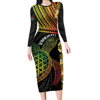 Vanuatu Sand Drawing Turtle Family Matching Long Sleeve Bodycon Dress and Hawaiian Shirt Happy Independence Day LT14 Mom's Dress Black - Polynesian Pride