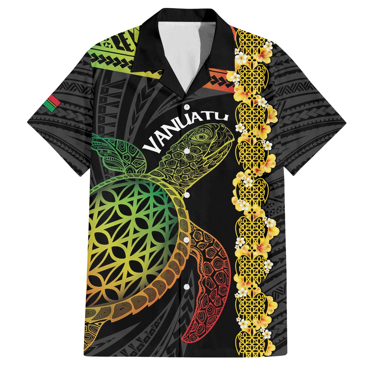 Vanuatu Sand Drawing Turtle Family Matching Off The Shoulder Long Sleeve Dress and Hawaiian Shirt Happy Independence Day LT14 Dad's Shirt - Short Sleeve Black - Polynesian Pride