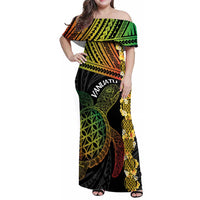 Vanuatu Sand Drawing Turtle Family Matching Off Shoulder Maxi Dress and Hawaiian Shirt Happy Independence Day