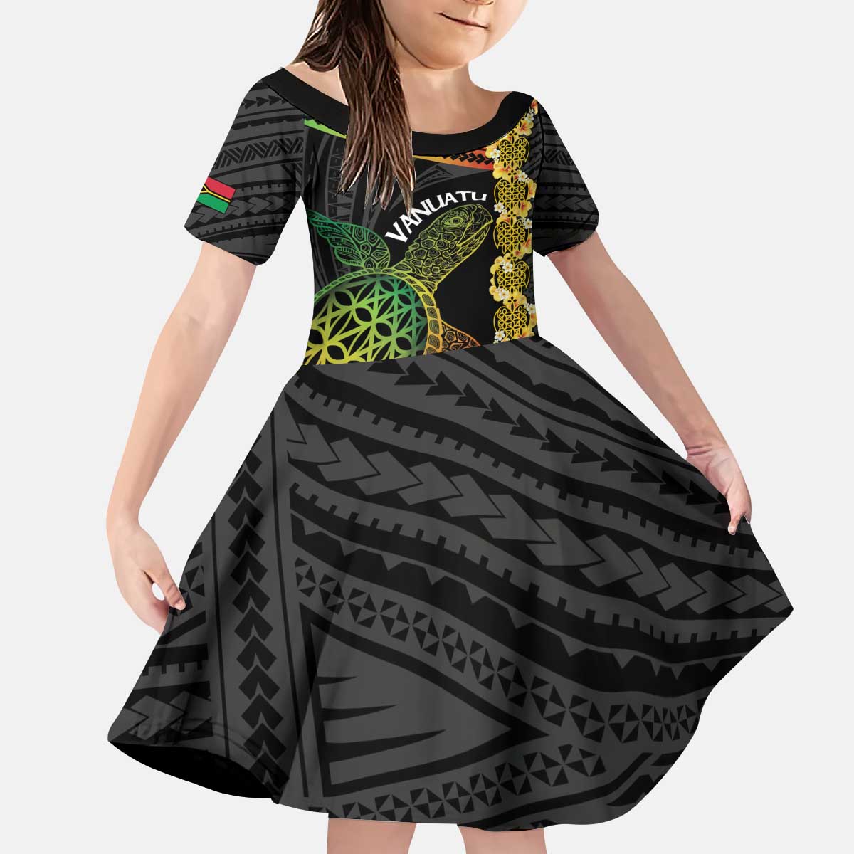 Vanuatu Sand Drawing Turtle Kid Short Sleeve Dress Happy Independence Day
