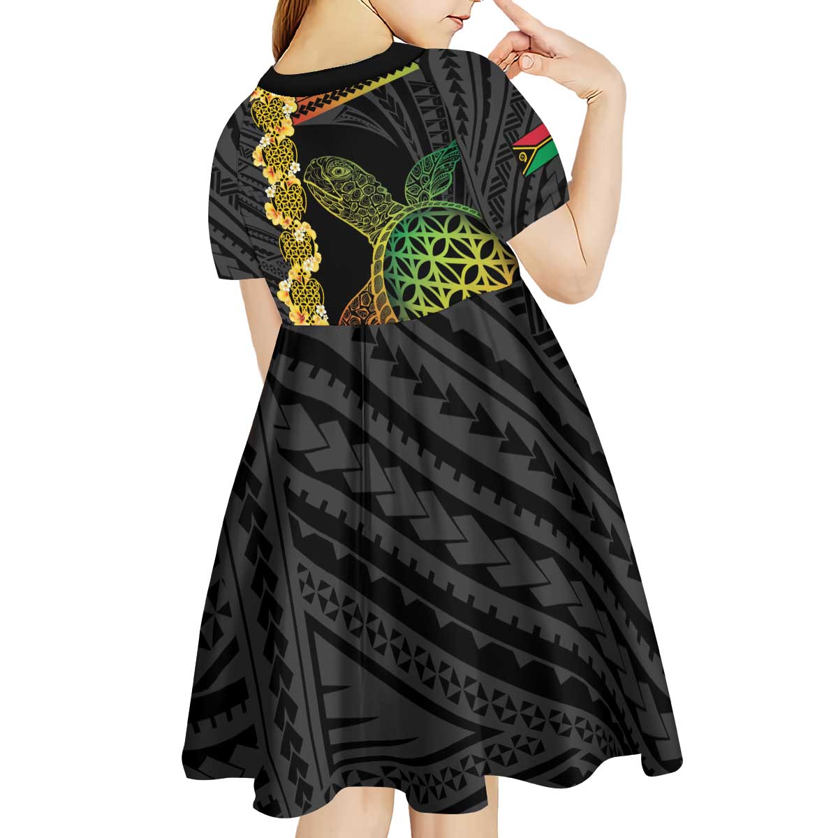 Vanuatu Sand Drawing Turtle Kid Short Sleeve Dress Happy Independence Day