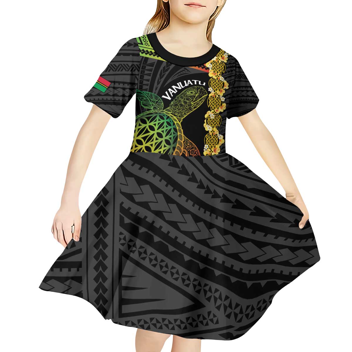 Vanuatu Sand Drawing Turtle Kid Short Sleeve Dress Happy Independence Day