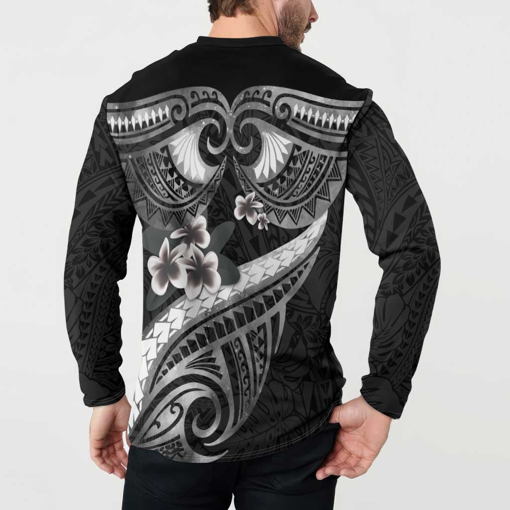 Black Polynesia Button Sweatshirt Tribal Pattern Tropical Frangipani