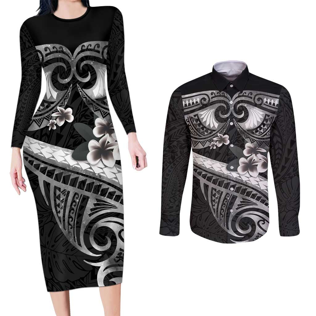 Black Polynesia Couples Matching Long Sleeve Bodycon Dress and Long Sleeve Button Shirt Tribal Pattern Tropical Frangipani