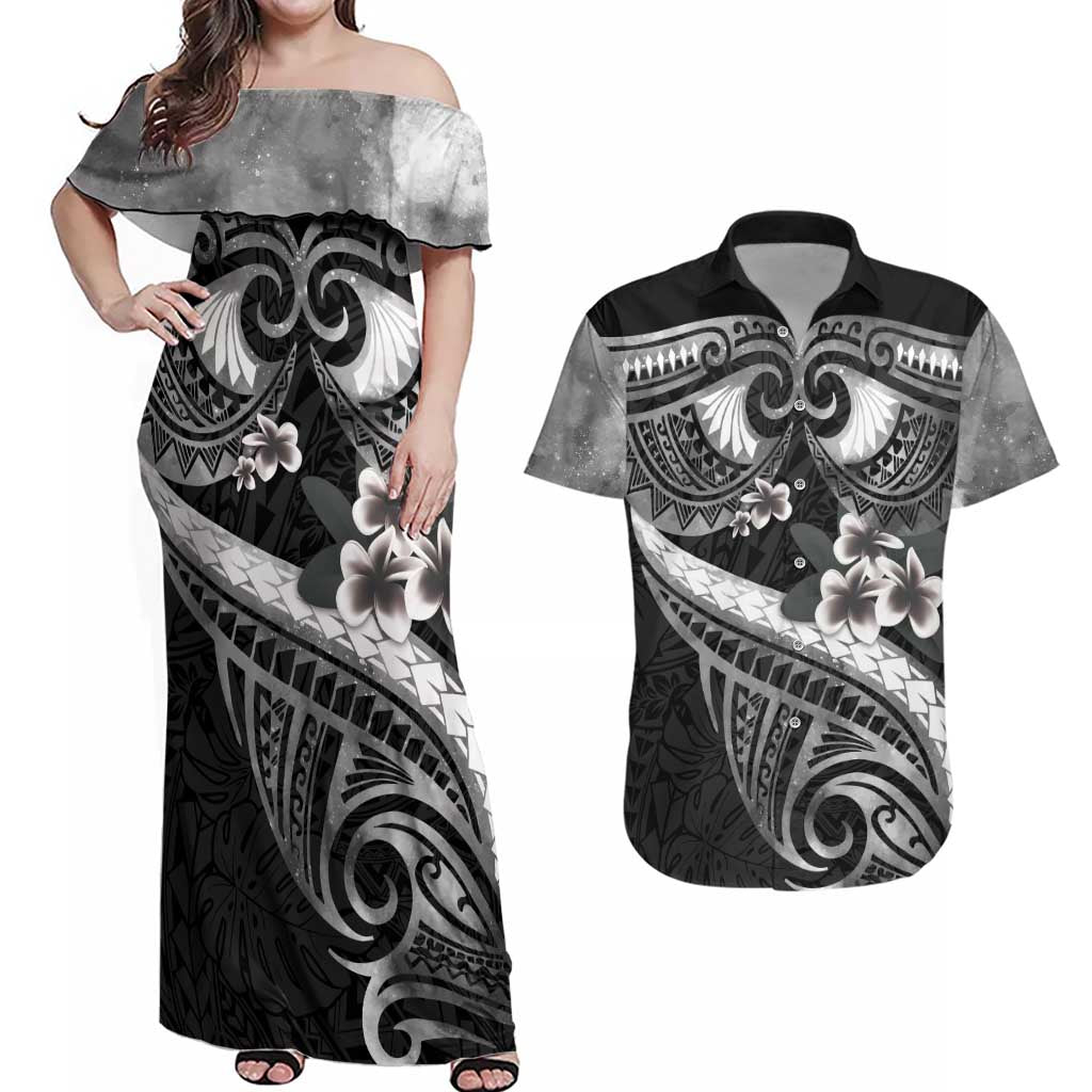 Black Polynesia Couples Matching Off Shoulder Maxi Dress and Hawaiian Shirt Tribal Pattern Tropical Frangipani