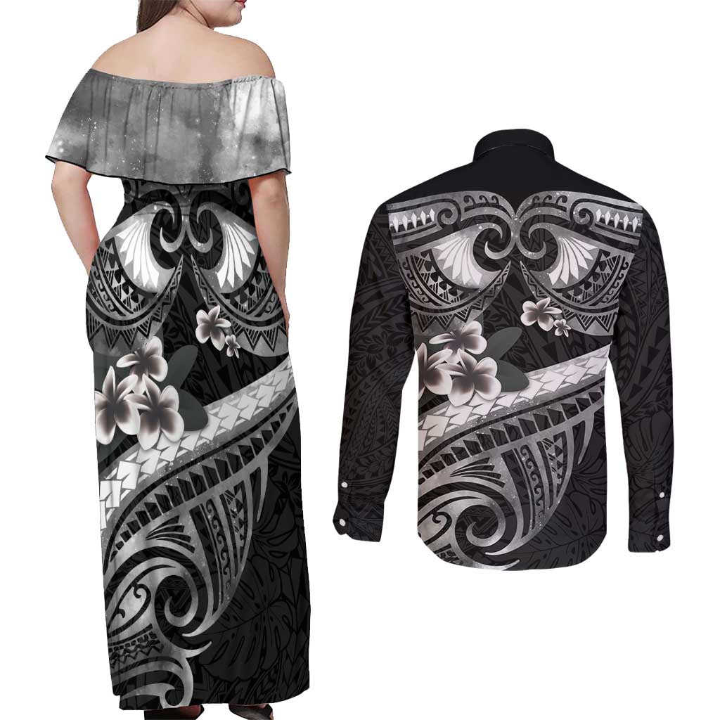 Black Polynesia Couples Matching Off Shoulder Maxi Dress and Long Sleeve Button Shirt Tribal Pattern Tropical Frangipani