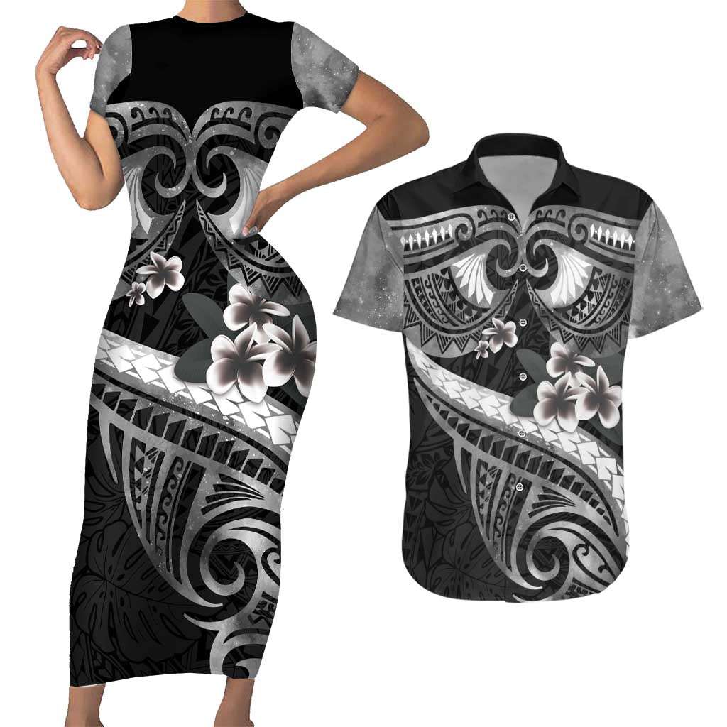 Black Polynesia Couples Matching Short Sleeve Bodycon Dress and Hawaiian Shirt Tribal Pattern Tropical Frangipani