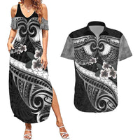 Black Polynesia Couples Matching Summer Maxi Dress and Hawaiian Shirt Tribal Pattern Tropical Frangipani