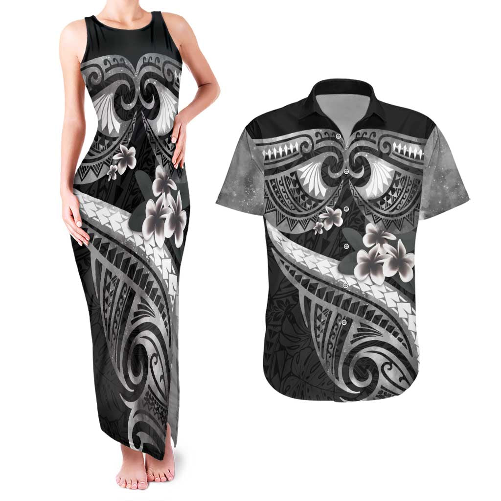 Black Polynesia Couples Matching Tank Maxi Dress and Hawaiian Shirt Tribal Pattern Tropical Frangipani
