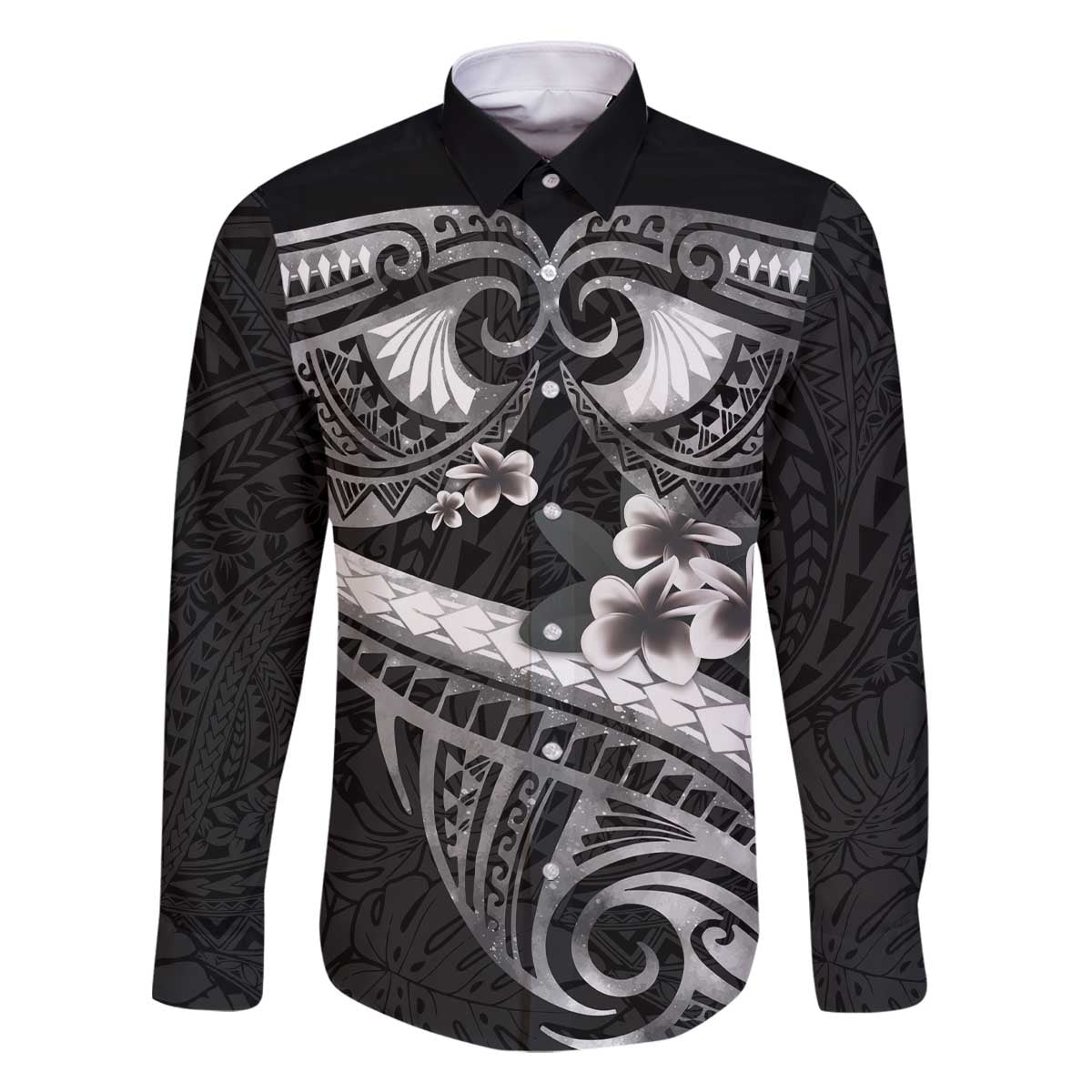 Black Polynesia Family Matching Off The Shoulder Long Sleeve Dress and Hawaiian Shirt Tribal Pattern Tropical Frangipani