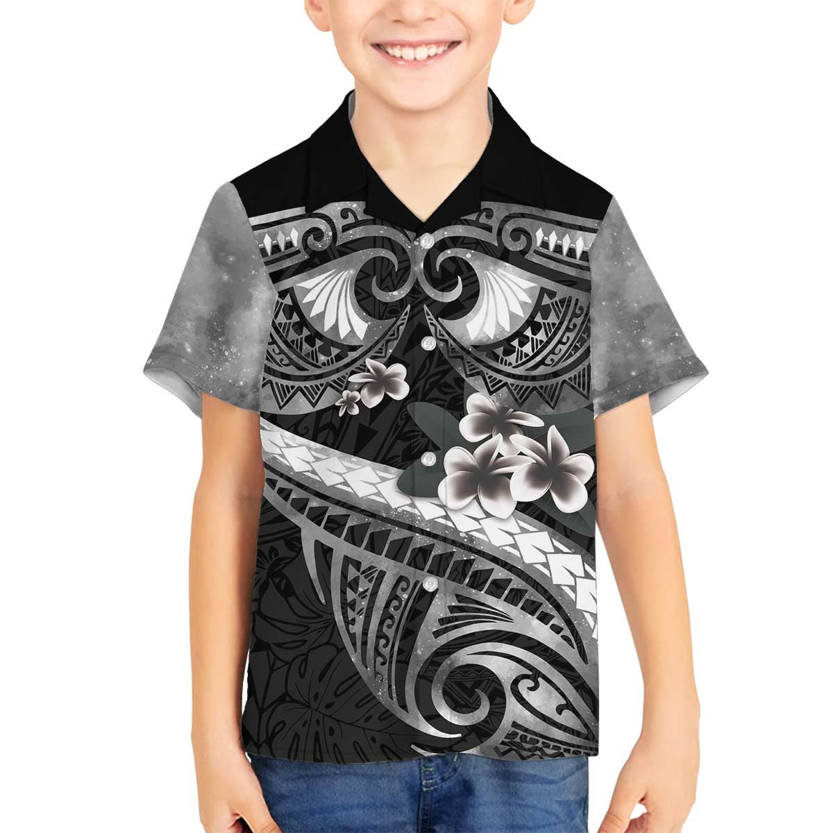 Black Polynesia Family Matching Off Shoulder Short Dress and Hawaiian Shirt Tribal Pattern Tropical Frangipani