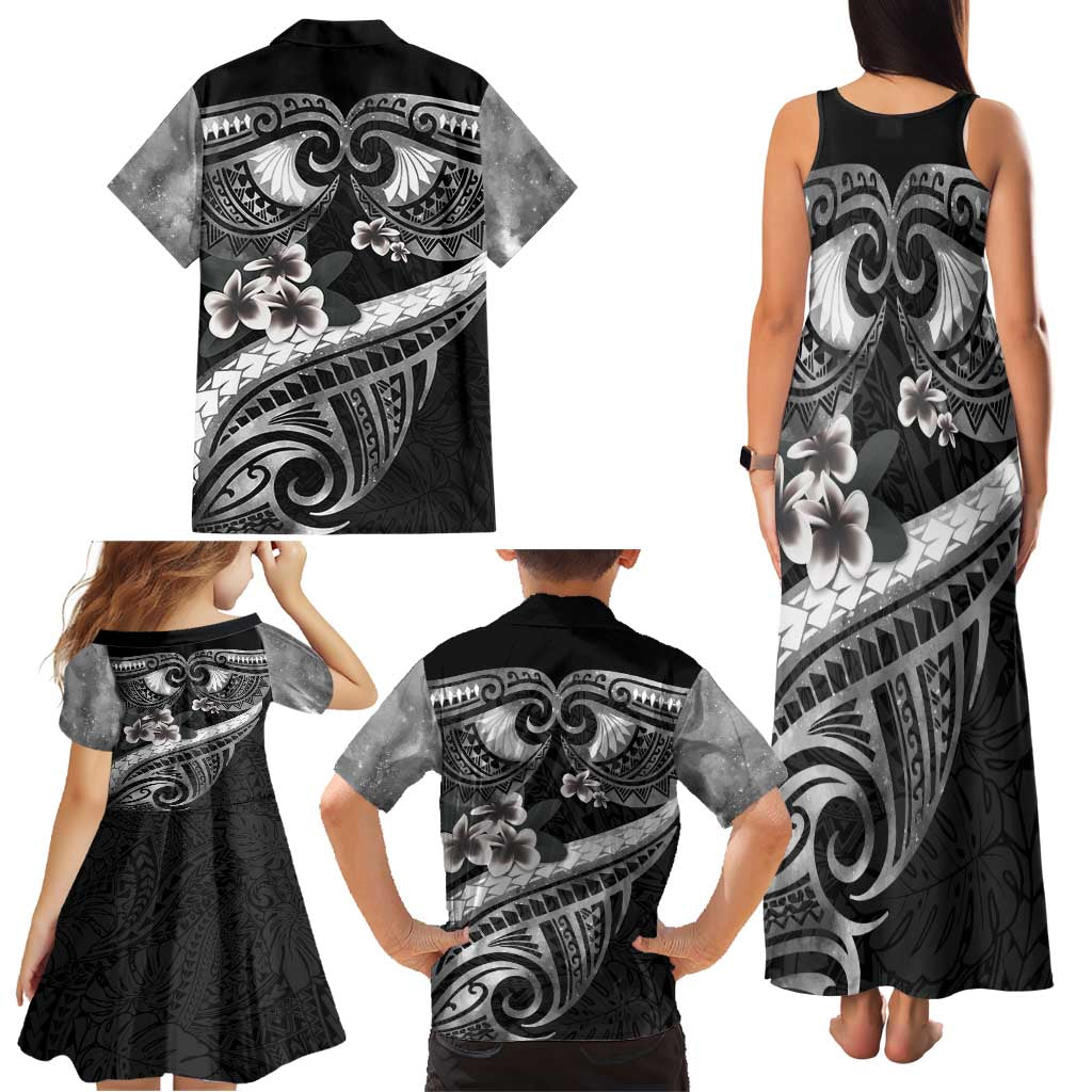 Black Polynesia Family Matching Tank Maxi Dress and Hawaiian Shirt Tribal Pattern Tropical Frangipani
