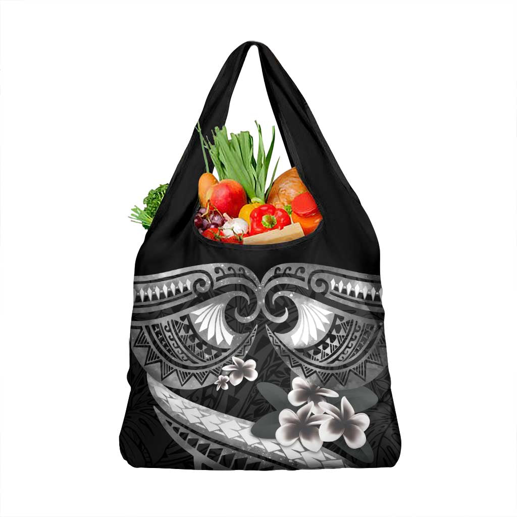 Black Polynesia Grocery Bag Tribal Pattern Tropical Frangipani