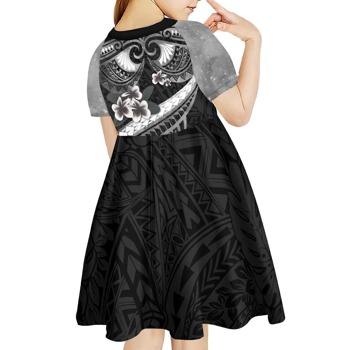 Black Polynesia Kid Short Sleeve Dress Tribal Pattern Tropical Frangipani