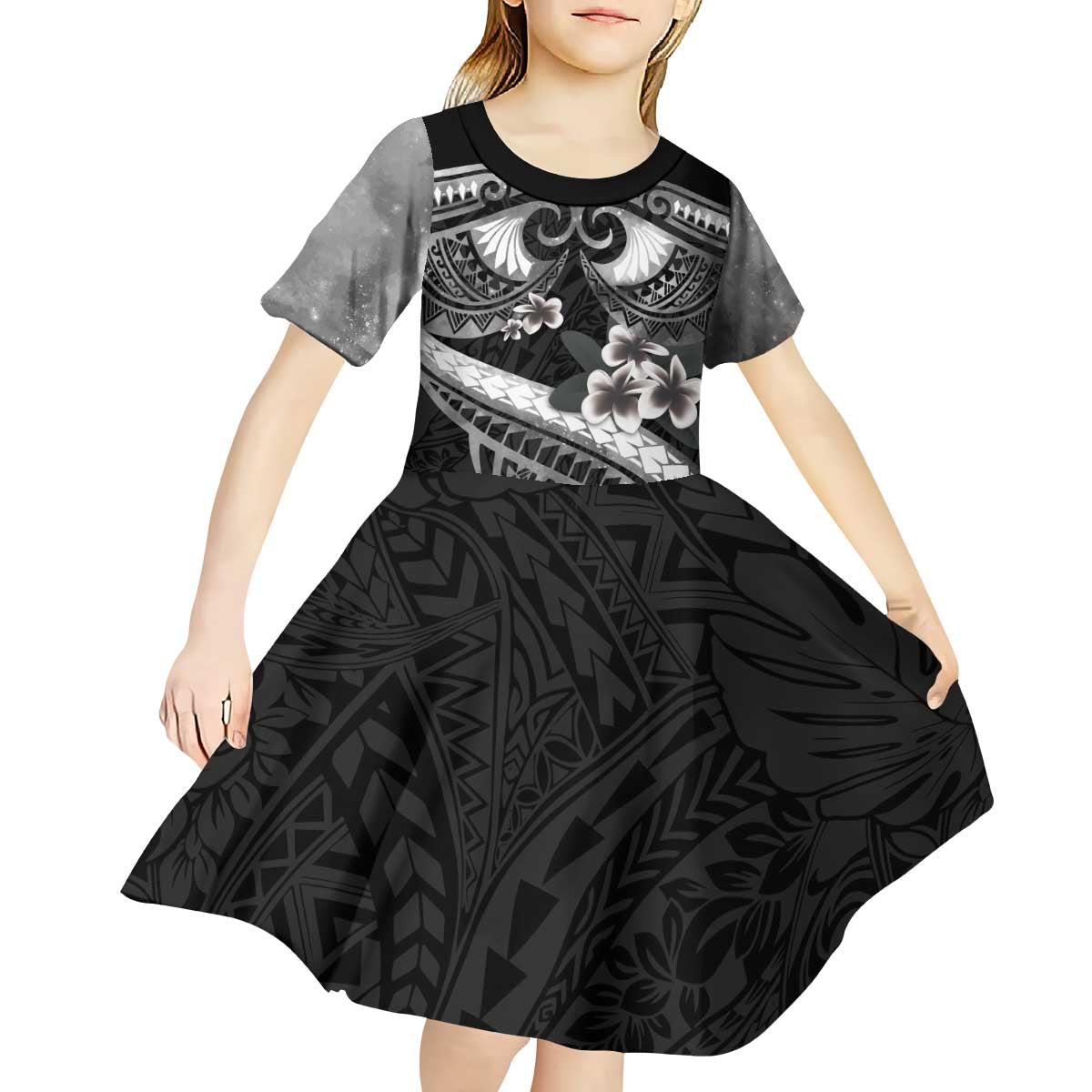 Black Polynesia Kid Short Sleeve Dress Tribal Pattern Tropical Frangipani