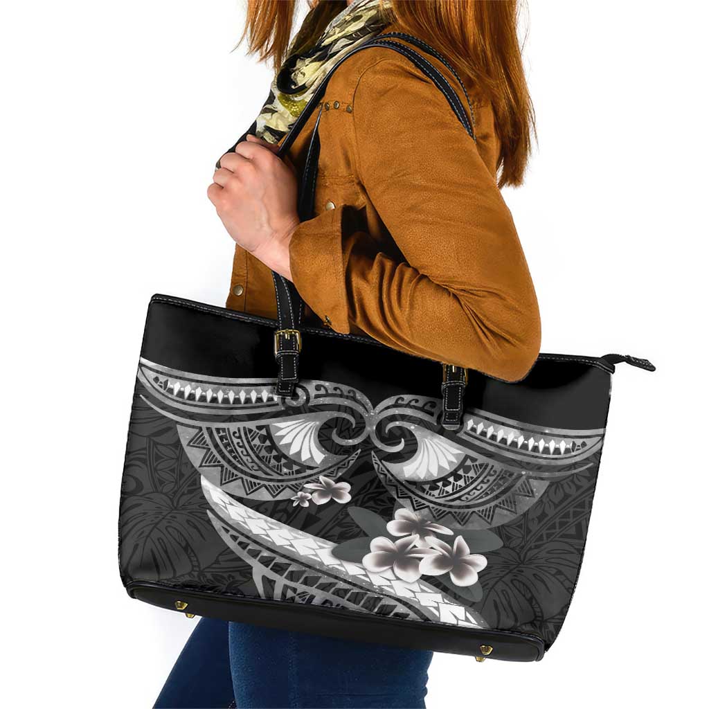 Black Polynesia Leather Tote Bag Tribal Pattern Tropical Frangipani