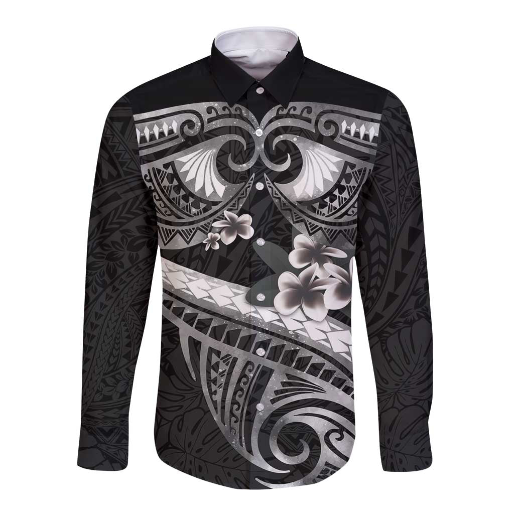 Black Polynesia Long Sleeve Button Shirt Tribal Pattern Tropical Frangipani