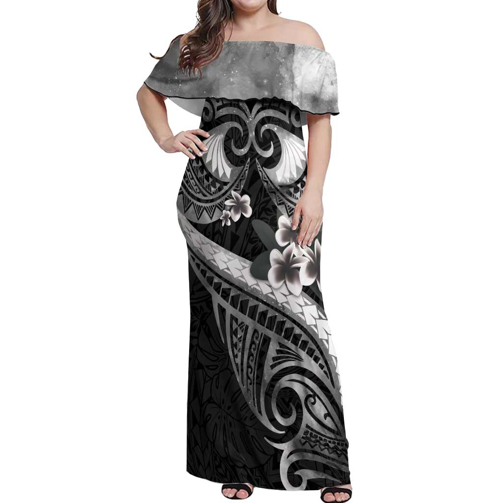 Black Polynesia Off Shoulder Maxi Dress Tribal Pattern Tropical Frangipani