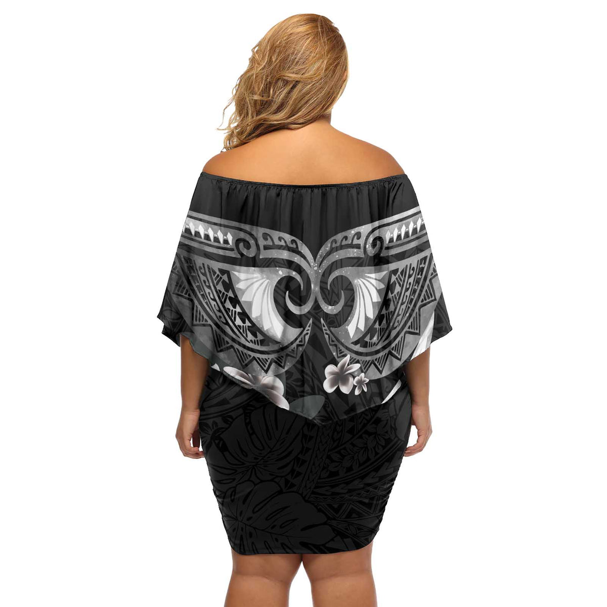 Black Polynesia Off Shoulder Short Dress Tribal Pattern Tropical Frangipani