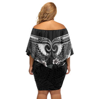 Black Polynesia Off Shoulder Short Dress Tribal Pattern Tropical Frangipani