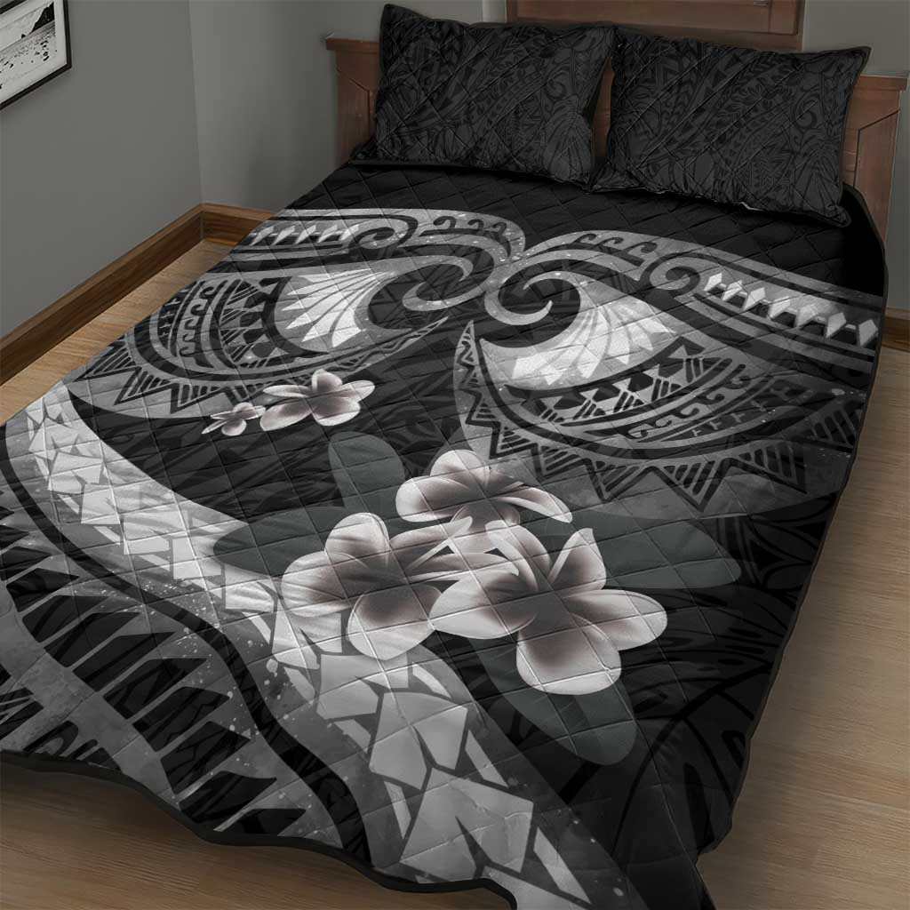 Black Polynesia Quilt Bed Set Tribal Pattern Tropical Frangipani