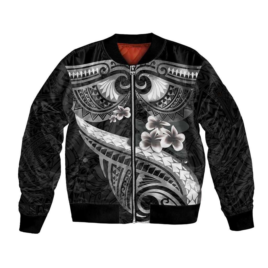 Black Polynesia Sleeve Zip Bomber Jacket Tribal Pattern Tropical Frangipani LT14 Unisex Black - Polynesian Pride