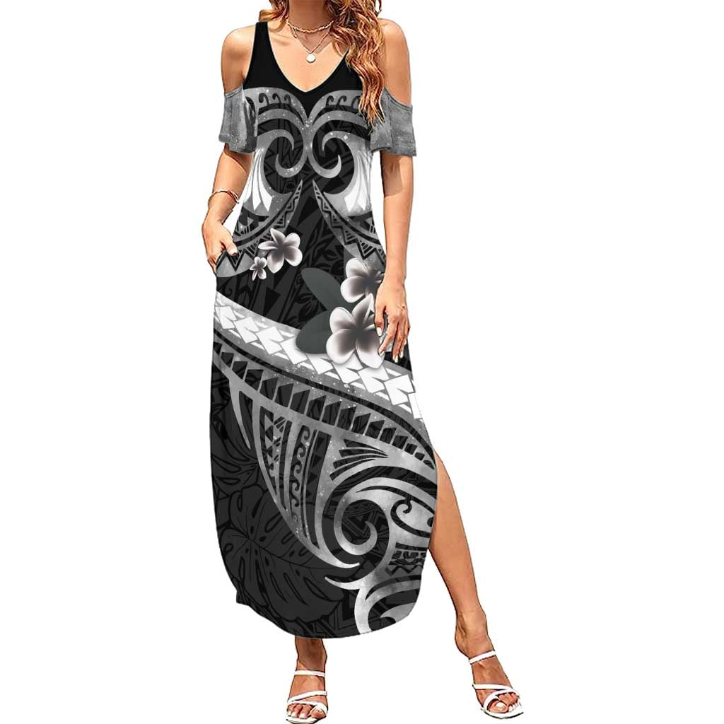 Black Polynesia Summer Maxi Dress Tribal Pattern Tropical Frangipani