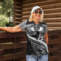 Black Polynesia Women Polo Shirt Tribal Pattern Tropical Frangipani