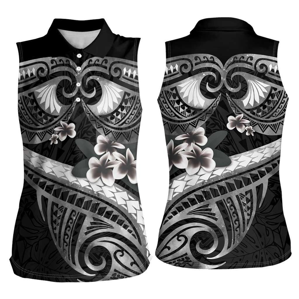 Black Polynesia Women Sleeveless Polo Shirt Tribal Pattern Tropical Frangipani