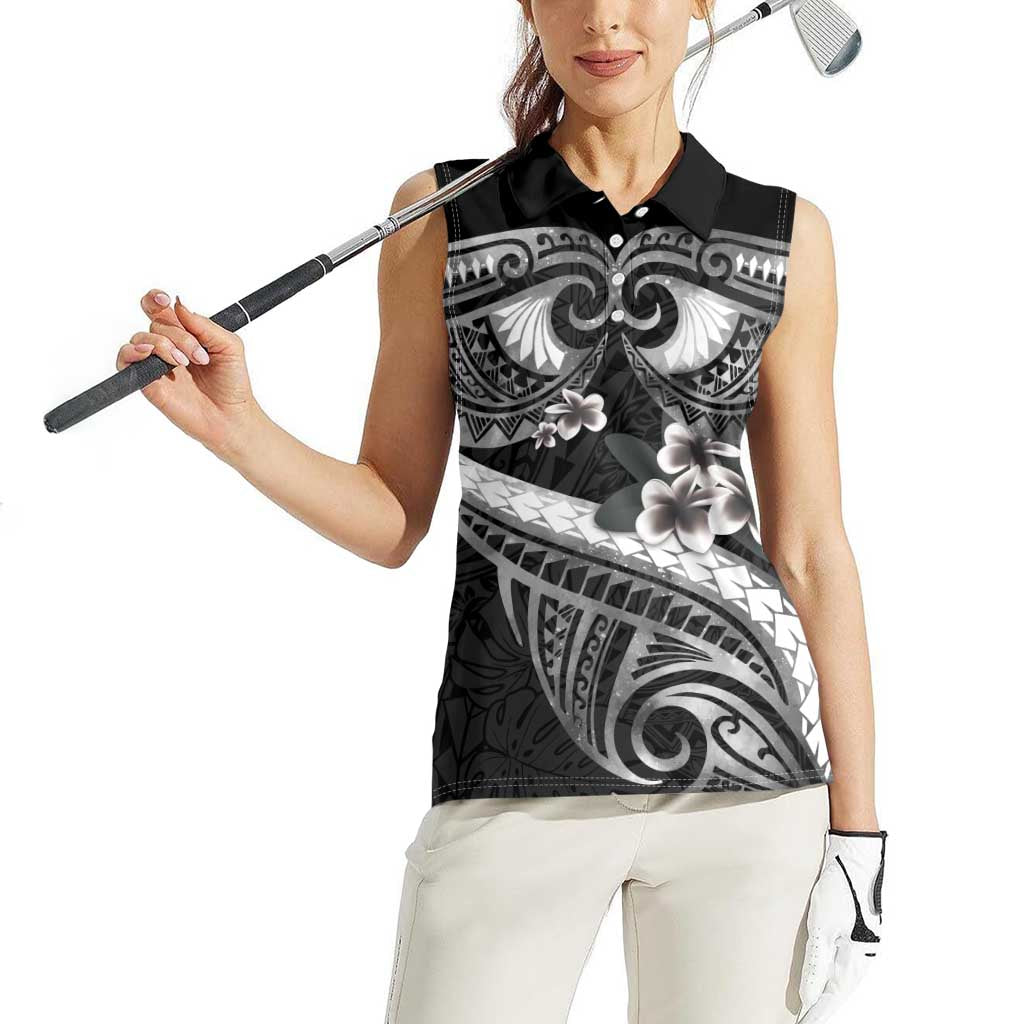 Black Polynesia Women Sleeveless Polo Shirt Tribal Pattern Tropical Frangipani
